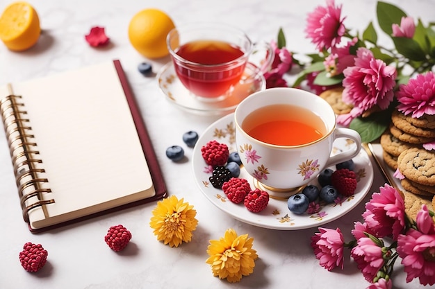 Xícara de chá com flores e bloco de notas em fundo branco, bolo de biscoito de frutas, chá e bagas