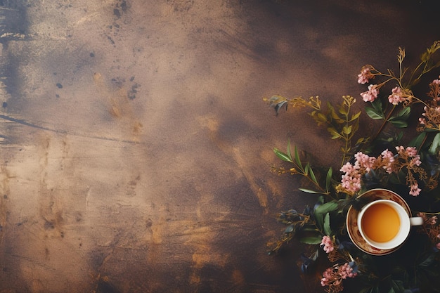 xícara de chá com flores em um fundo de madeira