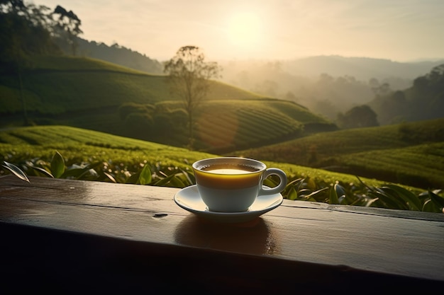 Xícara de chá com sobre a mesa de madeira e as plantações de chá fundo generativo ai