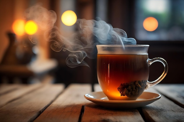 Xícara de chá com vapor na mesa de madeira Gerado por Ai