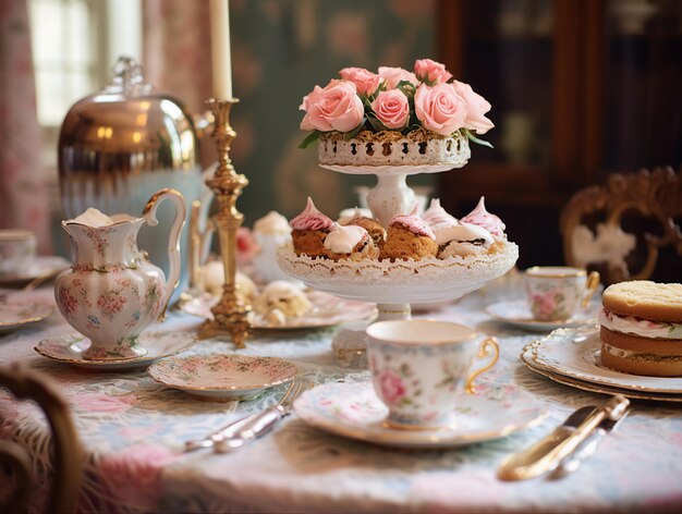 Xícara de chá e bolos em uma mesa no jardim