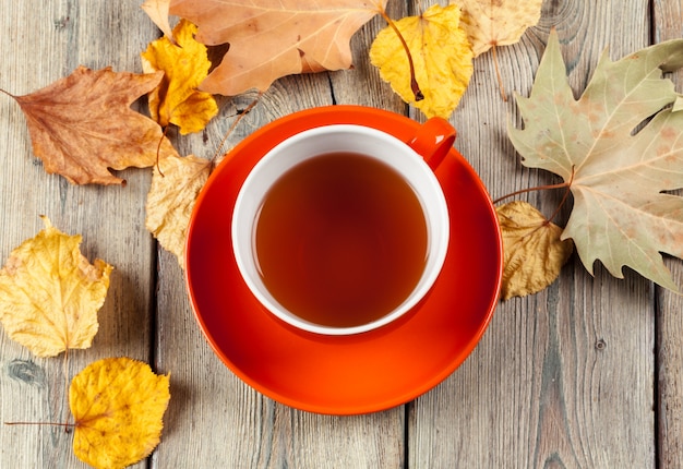 Xícara de chá e folhas de outono em cima da mesa