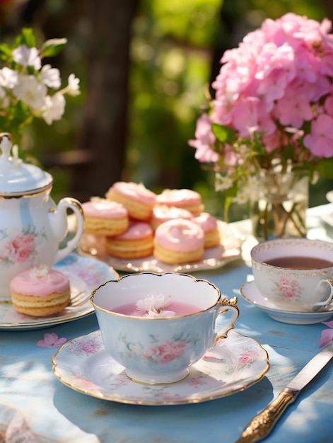 Xícara de chá e macarons em uma mesa no jardim