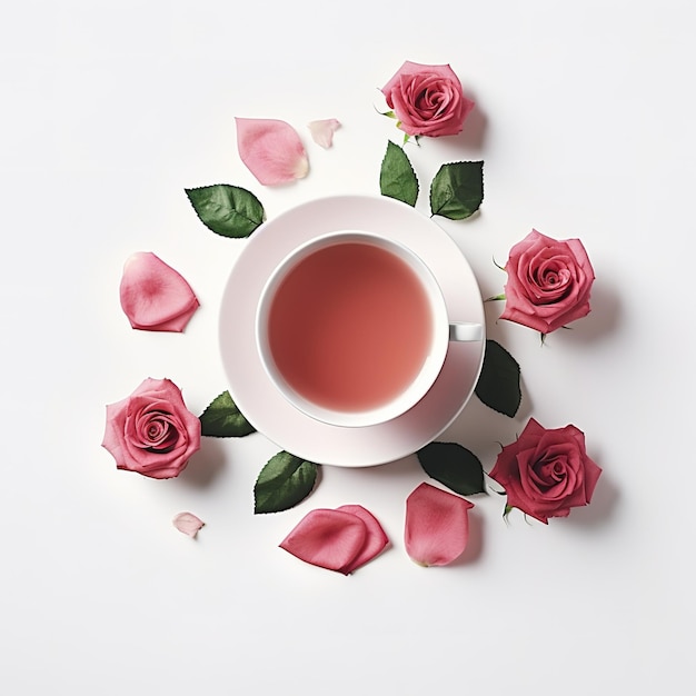 Xícara de chá e rosas vermelhas sobre fundo branco Vista superior plana IA generativa