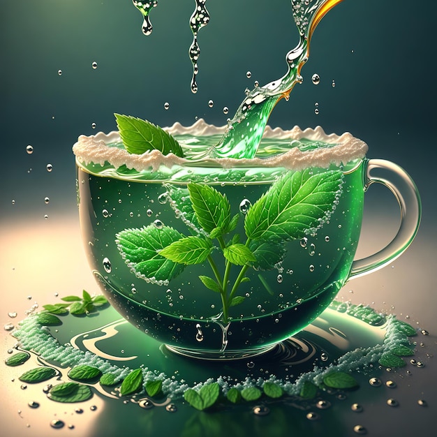 xícara de chá espirrando espirrando folhas de hortelã