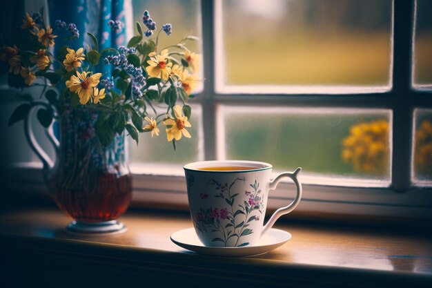 Xícara de chá no parapeito da janela ao lado de um vaso de flores Generative AI