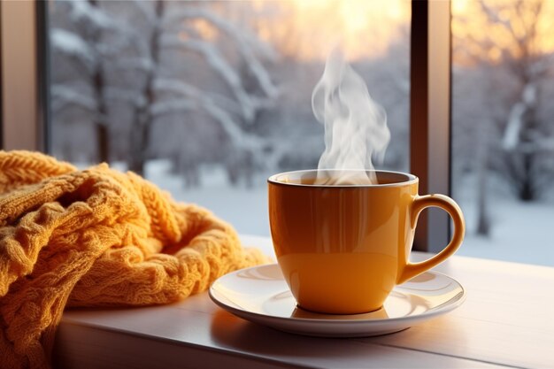 Foto xícara de chá ou xícara de café na mesa perto da janela feriados de inverno