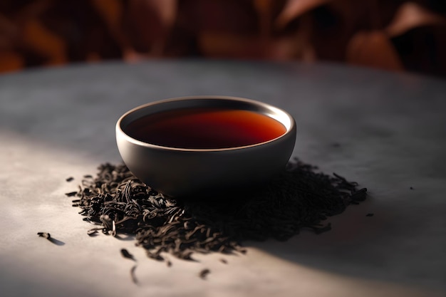 Xícara de chá preto acabado de fazer e chá preto seco em fundo escuro com espaço de cópia AI gerado