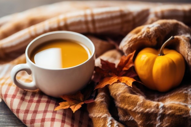 Xícara de chá quente fresco com folhas de outono e vista superior plana IA gerada