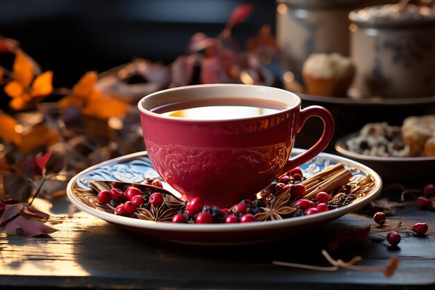 Xícara de chá rosa e folhas vermelhas amareladas composição de outono no espaço de cópia à luz do dia IA generativa
