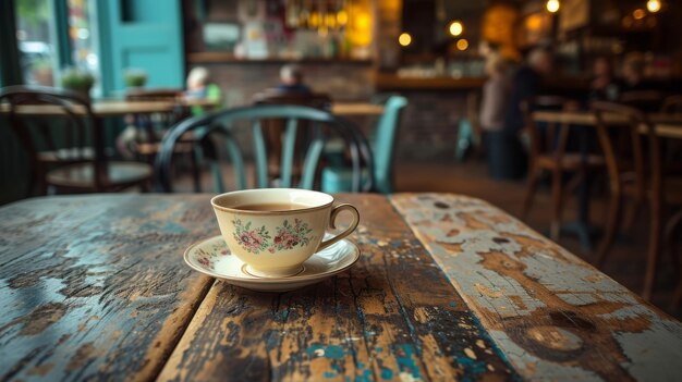 xícara de chá vintage em uma mesa de madeira rústica em um ambiente aconchegante de café