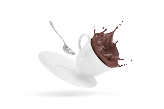 Xícara de chocolate quente com coroa Splash no fundo branco