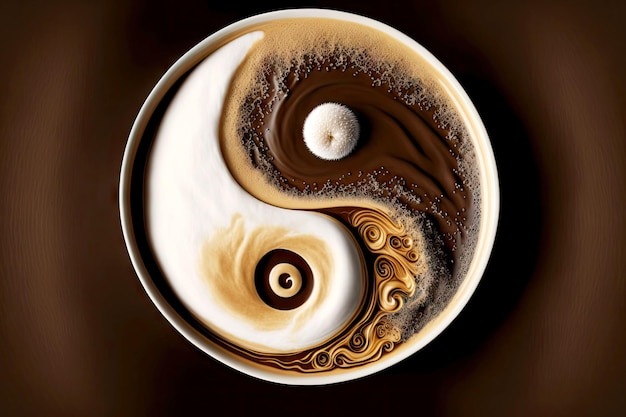 Xícara de chocolate quente com leite com imagem do símbolo yinyang