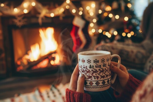 xícara de chocolate quente ou café junto à lareira de Natal Mulher relaxa junto ao fogo quente com uma xícara