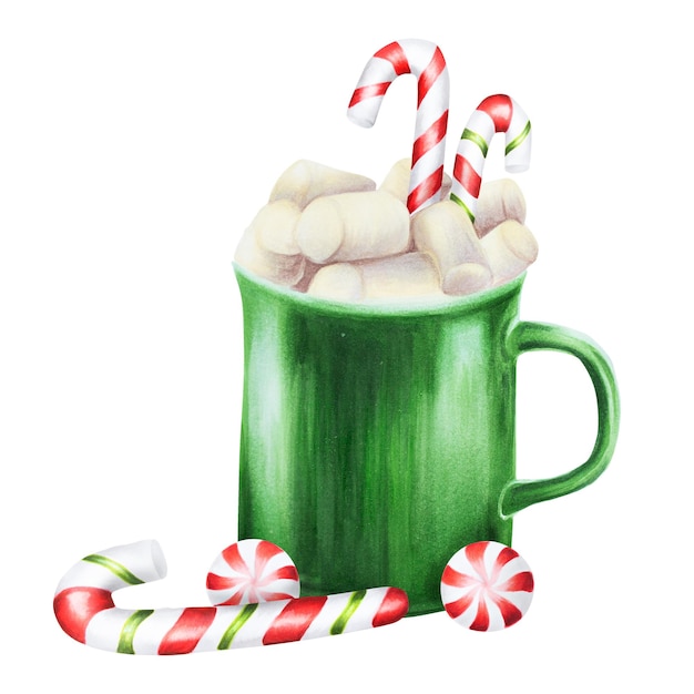 Xícara de Natal em aquarela de bebida quente com marshmallows e bastões de doces Pintura manual de ano novo g