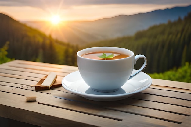 xícara de sopa em uma mesa nas montanhas