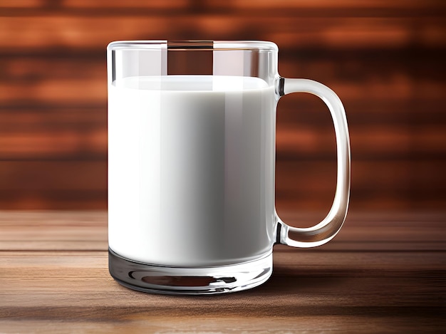 xícara de vidro de leite em uma mesa de madeira