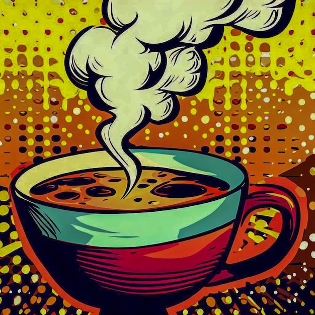 xícara fumegante de café pop art