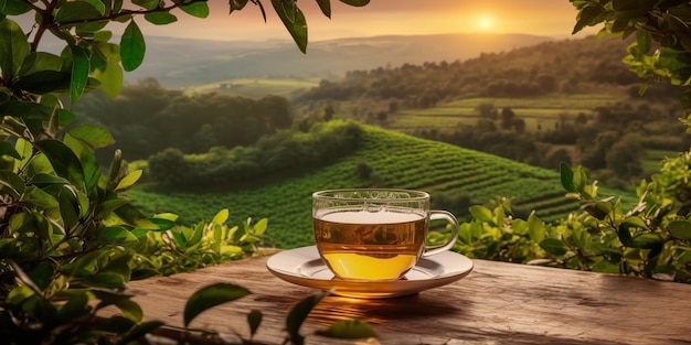 Xícara geradora de AI gerada por AI de chá verde com fundo de montanha de plantação de campo verde