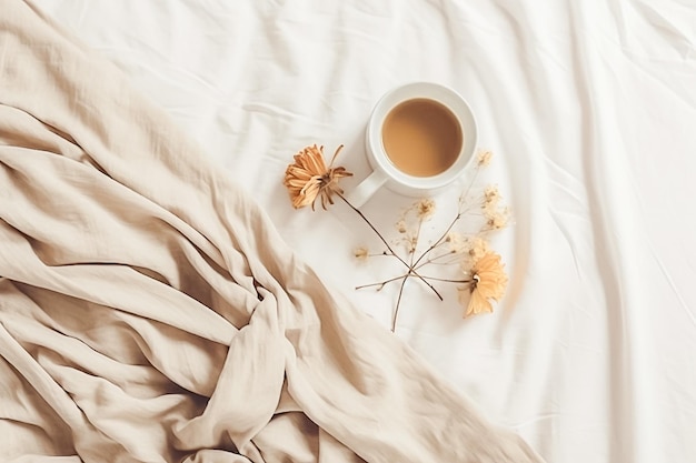 Xícara plana aconchegante com café e flores nos lençóis brancos Minimal Style Ai gerado