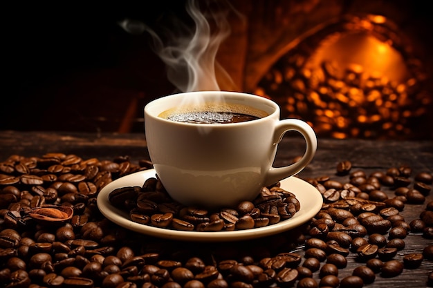 xícara quente de café em fundo castanho