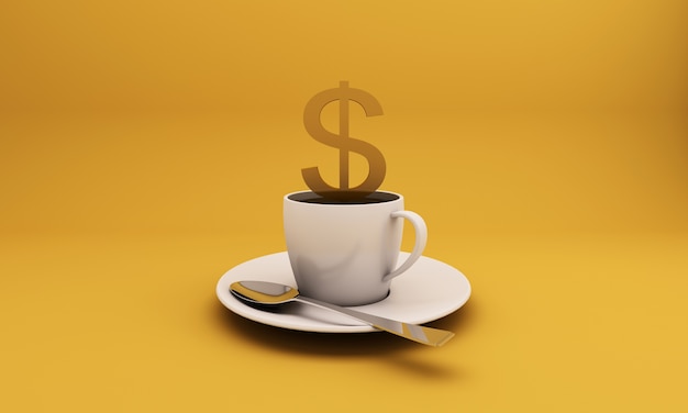 Xícaras de café brancas com fumaça saindo de uma imagem de dólar dourado em um fundo amarelo. idéia de conceito-renderização 3d