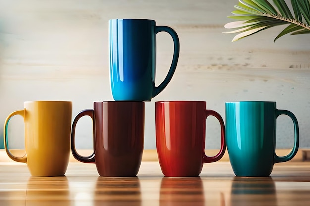 xícaras de café coloridas em uma mesa de madeira com uma palmeira ao fundo.