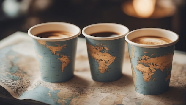Xícaras de café do Dia Internacional do Café com a imagem do mapa mundial na mesa do café gerada por IA