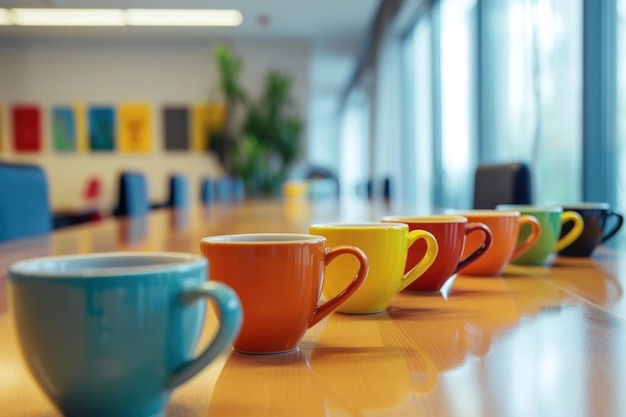 xícaras de café na mesa do escritório com pessoas reunindo fundo