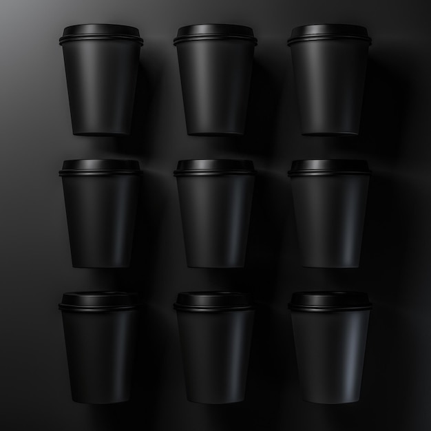 Xícaras de café pretas na ilustração 3D de fundo preto