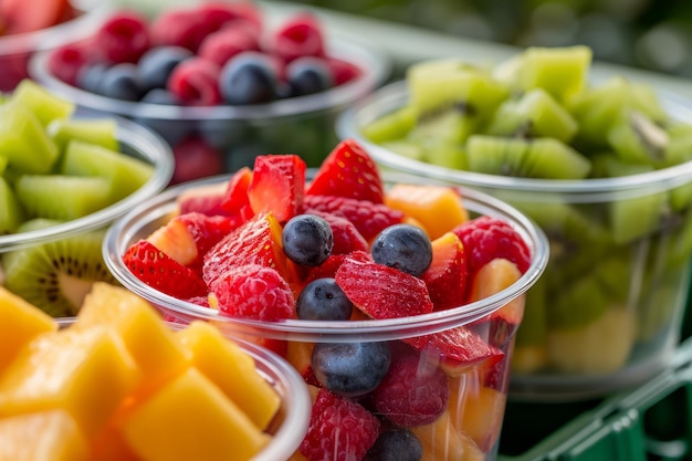 Xícaras de frutas frescas misturadas com morangos, mirtilos, kiwi e melão em exposição