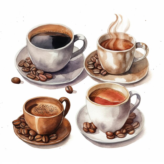 Xícaras e pires de café em aquarela com grãos de café em um fundo branco.