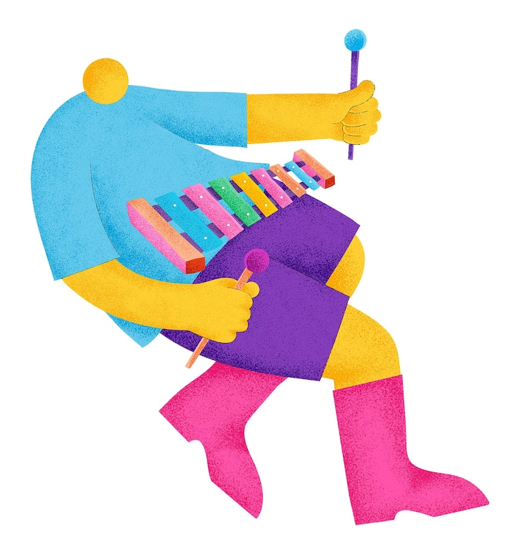 Xilofonista pegatina png colorido músico gráfico plano