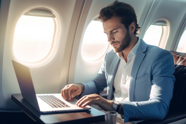 Éxito corporativo el trabajo productivo de la computadora portátil de un hombre de negocios en un avión