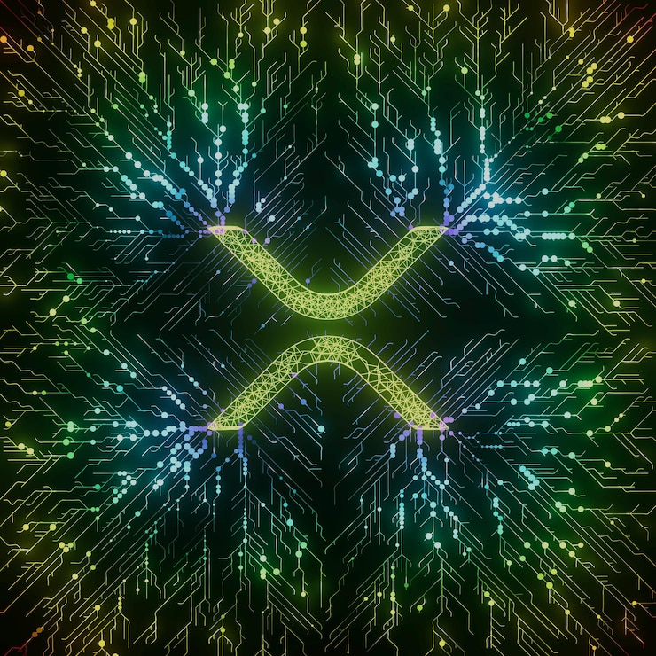 Foto xrp crypto letra x placa de circuito abstracta tecnología de chip digital de neón fondo de ilustración 3d