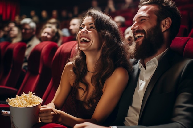 xUm casal noivo homem com barba sentado perto de uma mulher atraente se divertindo sentado no cinema vendo um filme e comendo pipocas conceito de entretenimento de amizade