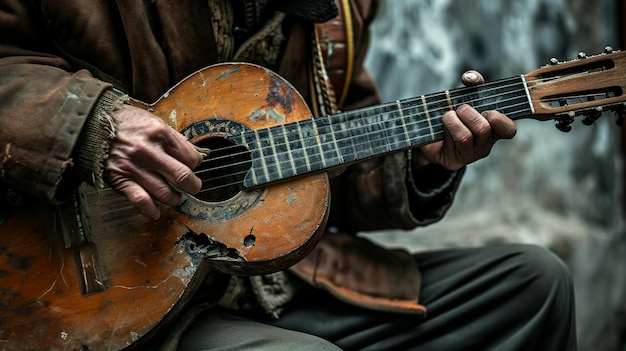 xUma fotografia de rua emocional de um músico tocando uma melodia soul com uma guitarra desgastada