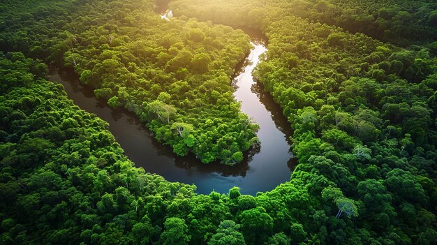 Foto xuma perspectiva aérea de um rio sinuoso que atravessa uma densa floresta