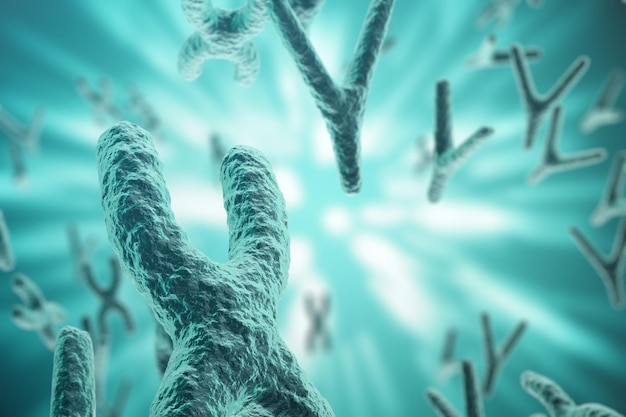 XYchromosomen im Hintergrund medizinisches Symbol Gentherapie oder mikrobiologische Genetikforschung mit Fokuseffekt 3D-Rendering
