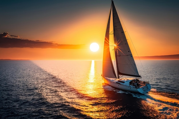 Yacht, die in Richtung des Sonnenuntergangs KI-Generation segelt