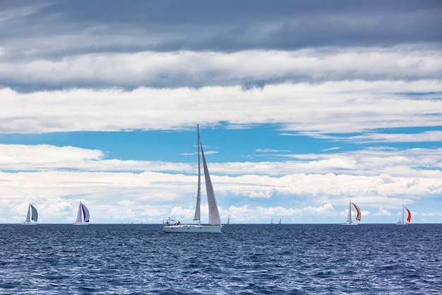 Yacht Regatta no Mar Adriático em tempo ventoso. Tiro horizontal