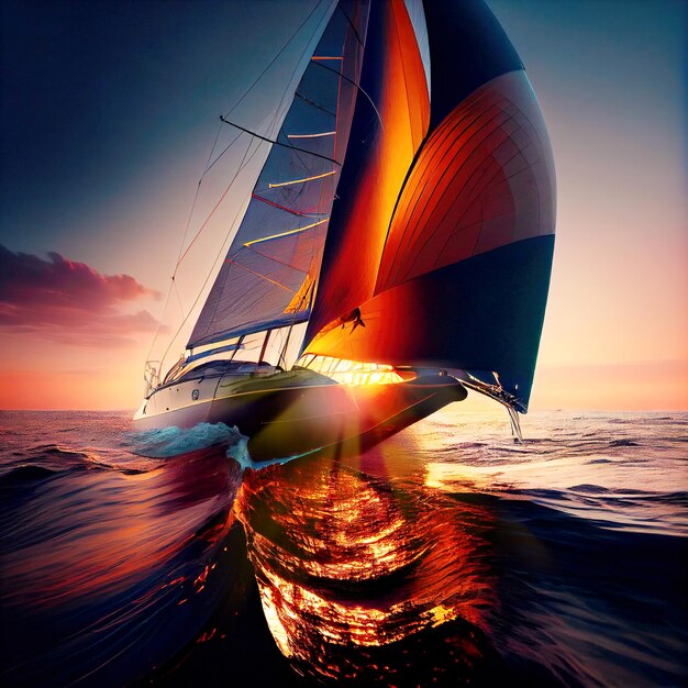 Yacht segelt bei Sonnenuntergang durch farbenfrohe Meereswellen mit endlosem Horizont, erstellt mit generativer KI