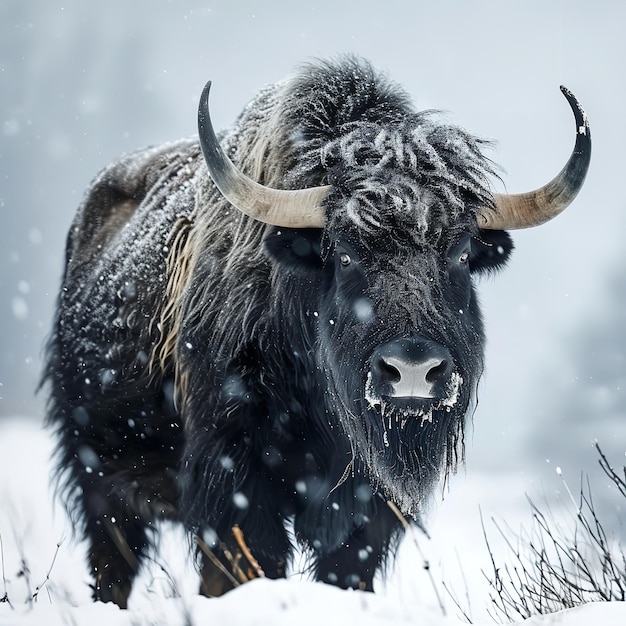 Un yak salvaje Bos se calla en la nieve en invierno Ai generativo