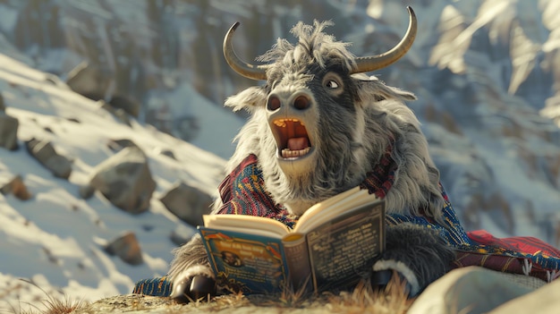 Foto un yak está sentado en una roca en las montañas el yak está usando una manta con patrones coloridos el yak está leyendo un libro el yak parece muy feliz