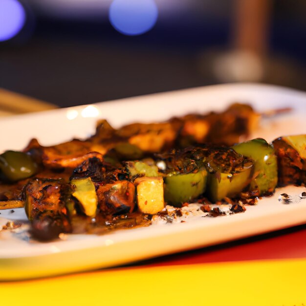 Foto yakitori de frango e espetos de legumes