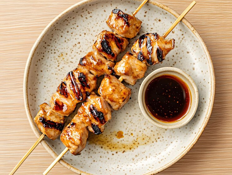 Yakitori un tipo japonés de pollo asado a la parrilla sobre fuego de carbón generado por la IA