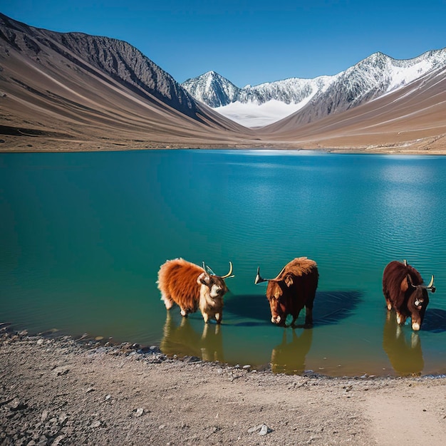 Yaks alpinos bebendo água no Lago Baisha do reservatório de Bulunkou, no sul de Xinjiang