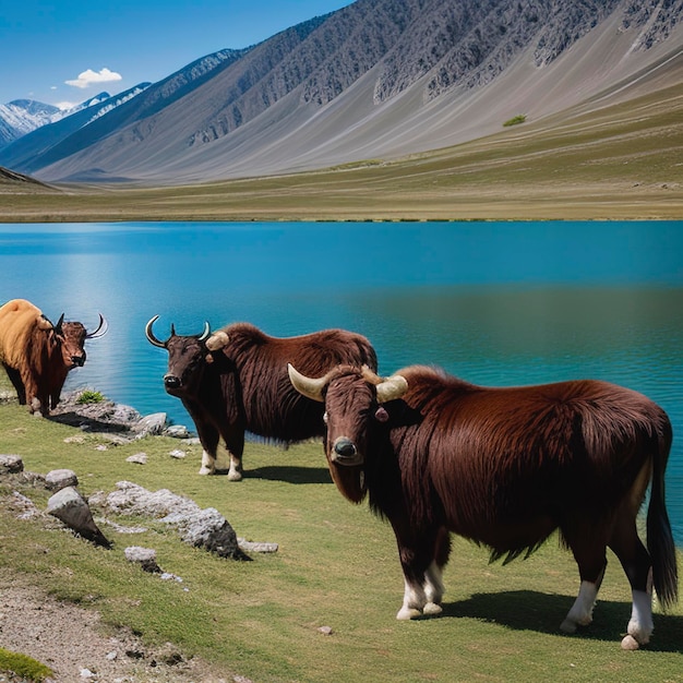 Yaks alpinos bebiendo agua en el lago Baisha del embalse de Bulunkou en el sur de Xinjiang