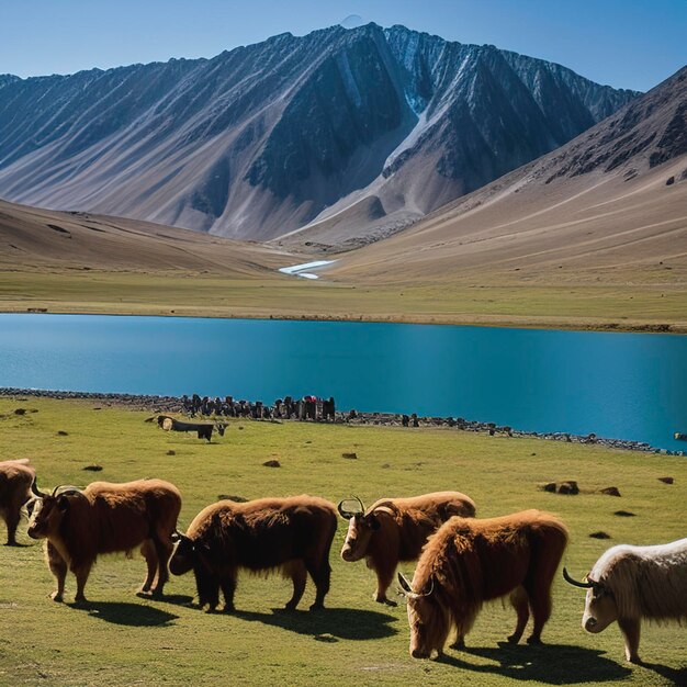 Yaks alpinos bebiendo agua en el lago Baisha del embalse de Bulunkou en el sur de Xinjiang