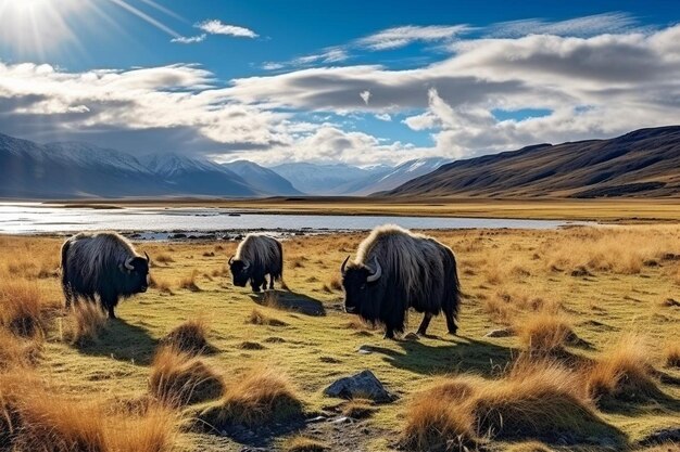 Foto yaks domésticos pastando en las estepas de mongolia